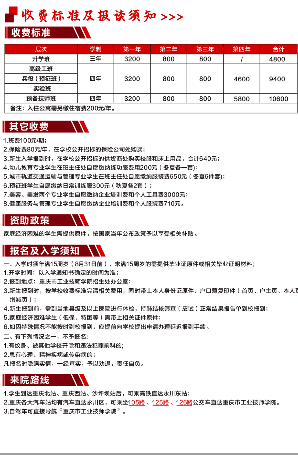 重慶市工業高級技工學校收費標準及報讀須知